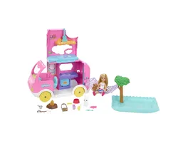 Barbie Chelsea 2 in 1 Camper Spielset mit kleiner Chelsea Puppe 2 Haustieren und 15 Zubehoerteilen