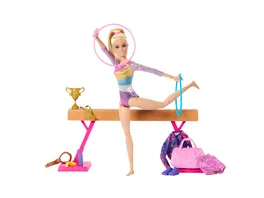 Barbie Turnspass Spielset mit blonder Modepuppe Schwebebalken mehr als 10 Zubehoerteilen und Drehfunktion