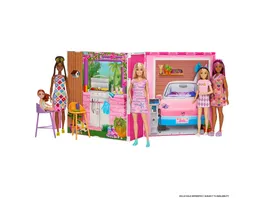 Barbie Ferien Puppenhaus mit Barbie Puppe 4 Spielbereichen und 11 Deko Zubehoerteilen