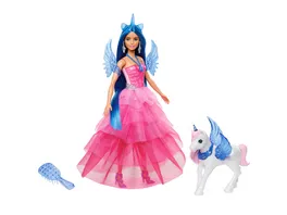 Barbie Einhorn Spielzeug Puppe zum 65 Jubilaeum mit blauen Haaren pinkfarbenem Kleid und Haustier Einhorn