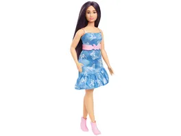 Barbie Fashionistas Puppe Nr 231 in Denim Schmetterlingskleid mit rosa Guertel violettes Haar