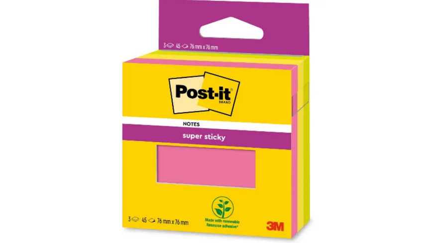 Post-it Haftnotiz Super Sticky Notes 76x76mm gelb-rosa-grün