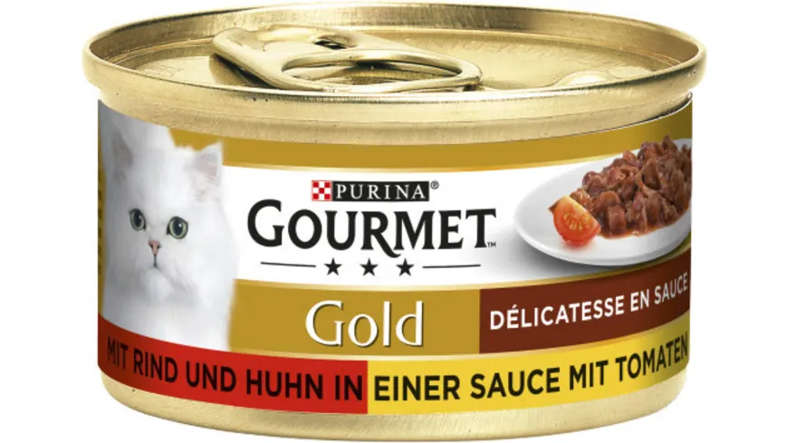 GOURMET Gold Katzennassfutter Délicatesse en Sauce mit Rind & Huhn in einer Sauce mit Tomaten