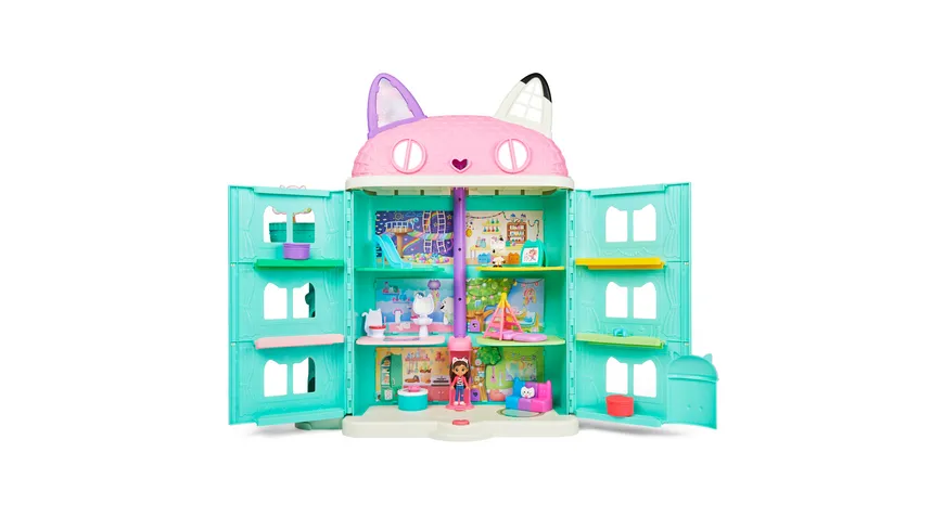 Spin Master Gabby‘s Dollhouse, Puppenhaus mit 2 Spielzeugfiguren, 8 Möbelstücken, 3 Zubehörteilen, 2 Überraschungsboxen und Geräuschen, geeignet für Kinder ab 3 Jahren
